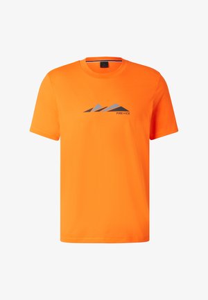 Leuchtend orangefarbenes T-Shirt mit kurzen Ärmeln und Rundhalsausschnitt, mit einem grauen Berggrafik und dem Schriftzug "FIRE + ICE" auf der Brust.