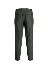 Maßgeschneiderte grüne Hose mit geradem Schnitt, zwei Gesäßtaschen mit Knöpfen und einem strukturierten Stoff. Geeignet für formelle Anlässe.