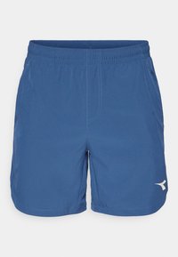 Blaue Sportshorts mit einem elastischen Bund, aus leichtem Material, mit einem kleinen weißen Logo auf der unteren rechten Seite.