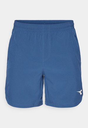 Blue athletic shorts with an elastic waistband, made from lightweight fabric, featuring a small white logo on the lower right side.