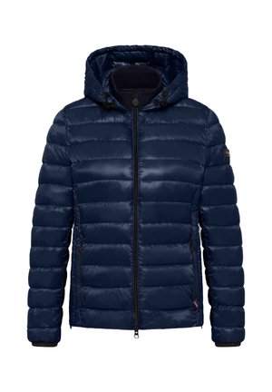 Marineblauwe pufferjack met capuchon, voorzien van een doorgestikt ontwerp, een ritssluiting aan de voorkant en twee zijzakken. Gladde, glanzende textuur en verstelbare koordjes.