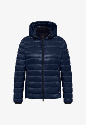 Granatowa kurtka puchowa z kapturem, z pikowanym wzorem, zapinana na zamek z przodu, z dwoma bocznymi kieszeniami. Gładka, błyszcząca tekstura oraz regulowane sznurki.