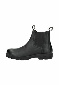 Botas Chelsea negras de cuero con paneles laterales elásticos, lengüetas de tirón y suelas de goma texturizada para una mayor tracción y comodidad.