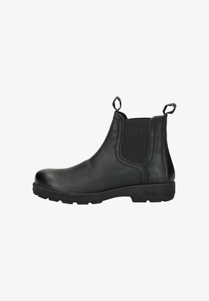 Bottes Chelsea en cuir noir avec des panneaux élastiques sur les côtés, des languettes de tirage et des semelles en caoutchouc texturé pour une meilleure adhérence et un confort optimal.