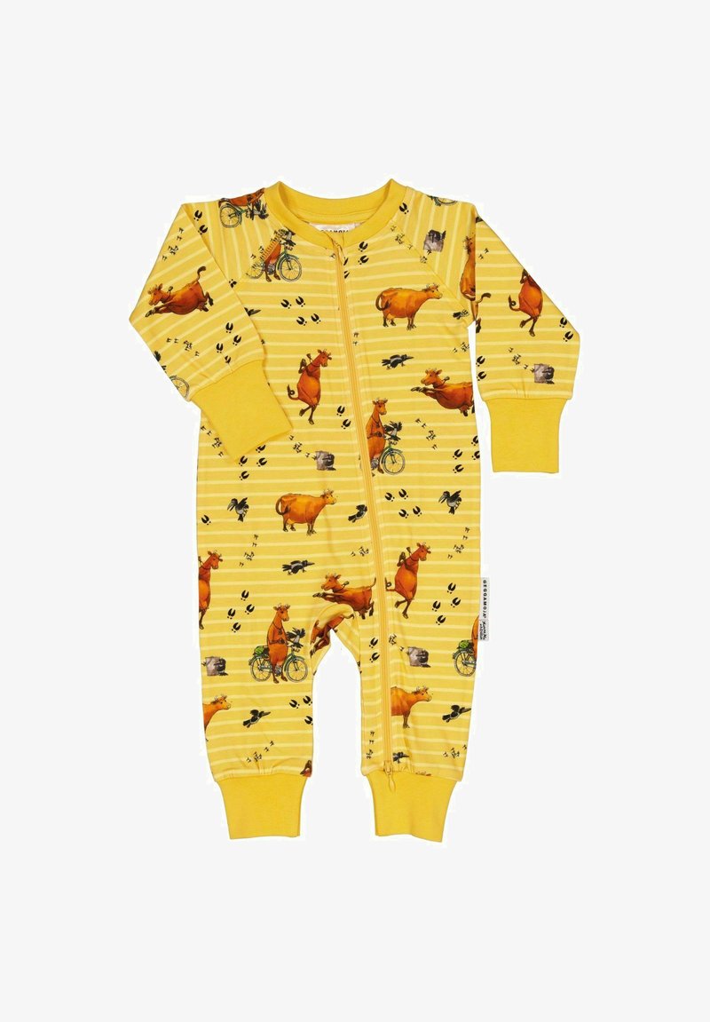 Gul zip-up heldragt med print af køer og cykler, med stribet design, lange ærmer og ribbet kant. Blødt, strækbart stof.