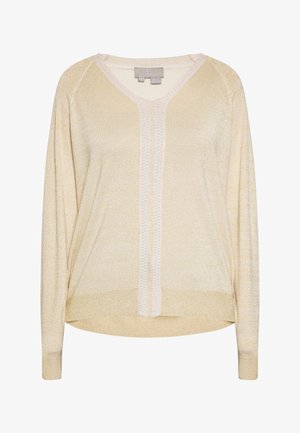 Jasny beżowy sweter dzianinowy z dekoltem w serek, z teksturowanym środkowym panelem z przodu i długimi rękawami. Miękka tkanina z delikatnym blaskiem.