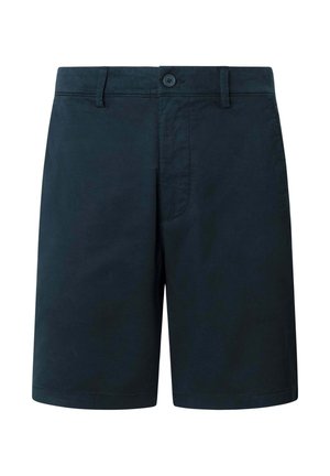 Navy blue knee-length shorts with button closure, belt loops, and front pockets, displayed on a white background.