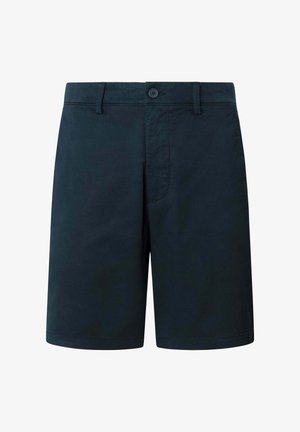 Navy blue knee-length shorts with button closure, belt loops, and front pockets, displayed on a white background.