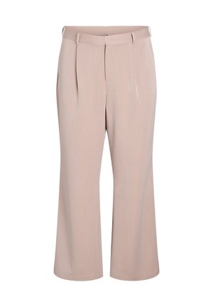 Pantalones anchos beige con pasadores para cinturón, pliegues frontales y cierre de cremallera, exhibidos sobre un fondo blanco.