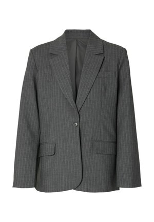 Tummanharmaa yksirivinen bleiseri naulakolla, jossa on yksinäinen nappi, lovikäänteiset kaulukset, kaksi etutaskua läppäkansilla ja yksi rintatasku, esitetty valkoisella taustalla.