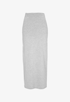 Grey midi skirt made of soft cotton blend. Features a solid color, fitted design, and a simple, clean silhouette without embellishments.