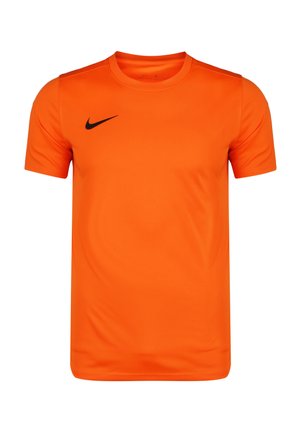 Maglietta sportiva arancione realizzata in tessuto leggero e liscio. Presenta un colletto rotondo e un logo Nike nero sul lato sinistro del petto.