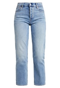 Ljusblå denimjeans med rak benmudd, hög midja, femfickorsdesign och subtil blekning. Klassiska sömmar och knappstängning.