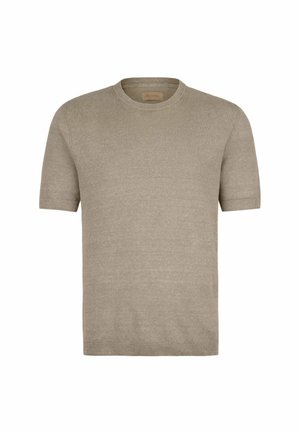 Maglione beige a manica corta con scollo rotondo, polsini e orlo a coste, mostrato su sfondo bianco semplice.