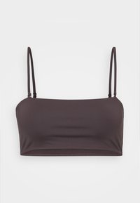 Brun cropped bandeau topp med tynne justerbare stropper, laget av glatt, elastisk materiale, med et enkelt, sømløst design.