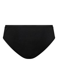 Sort højtaljet bikiniunderdel lavet af blødt materiale, med en glat tekstur og minimalistisk design med enkle elastiske detaljer.