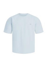 T-shirt di cotone azzurro chiaro con maniche corte, colletto rotondo e un piccolo logo sul lato sinistro del petto. Tessuto morbido, vestibilità casual.