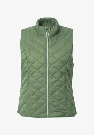 Gilet verde trapuntato con collo alto, zip frontale completa e tasche laterali. Presenta un motivo a diamante e un design leggero.