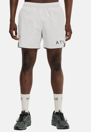 Lichtgrijze sportshorts met elastische tailleband, zijzakken en een zwart logo op de linker bovenbeen. Vergezeld van witte crew-sokken en zwarte schoenen.