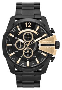 Montre en acier inoxydable noir avec des accents dorés, grand cadran, sous-cadrans multifonctions, grands marqueurs d'heure et un design de couronne unique.