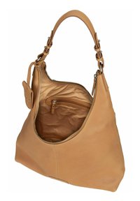 Borsa a mano in pelle color beige con forma arrotondata, chiusura con zip e una sola tracolla regolabile. Presenta una superficie liscia e una tasca interna con zip.