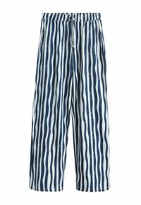 Pantalones de pierna ancha en azul marino y blanco con un patrón de rayas onduladas verticales, cintura elástica con cordón y tejido ligero.