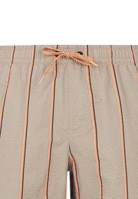 Béžové plavky s oranžovými a čiernymi vertikálnymi pruhmi, elastický pás, šnurovací uzáver a detail s bočnou vreckom.