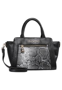 Svart texturerad läderhandväska med ormskinnsmönster, guldfärgad hårdvara, topphandtag och avtagbar axelrem. Har en dragkedjeficka.