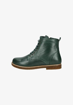 Bottine en cuir vert foncé avec lacets à l'avant, semelle marron texturée et fermeture éclair latérale, vue de l'extérieur.