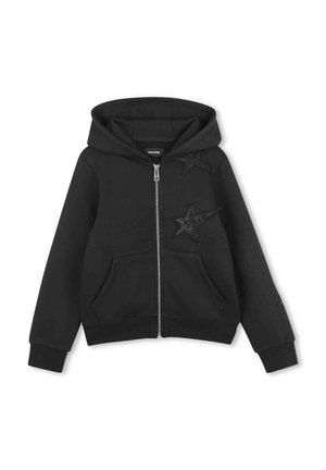 Zwarte hoodie met ritssluiting, twee voorzakken en stervormige versieringen op de borst en mouw, met capuchon en lange mouwen.