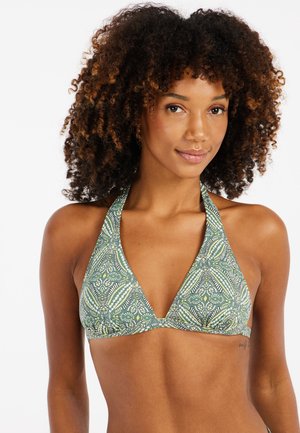Top bikini verde con motivo a fantasia, dotato di scollo all'americana, coppe triangolari e intricate motivazioni floreali e geometriche. Texture morbida.