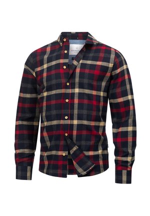 Heren flanellen shirt in een marineblauwe, rode en beige ruitpatroon. Heeft een button-down kraag, lange mouwen en houten knopen. Zachte textuur.