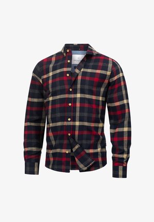 Chemise en flanelle pour homme à motif carreaux navy, rouge et beige. Elle présente un col boutonné, des manches longues et des boutons en bois. Texture douce.