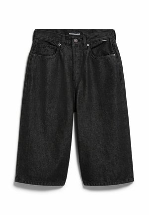 Schwarze, knielange Jeansshorts mit Fronttaschen, Gürtelschlaufen, Knopfverschluss und Markenlabel am Bund.