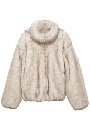 Neppels jacket in neutraal beige met een hoge kraag, ritssluiting en puffy mouwen. Zachte textuur met een pluche, fluffy uitstraling.