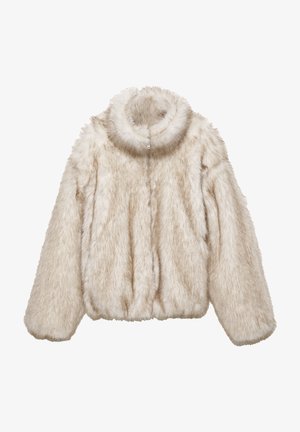 Faux-Fur-Jacke in neutralem Beige mit hohem Kragen, Reißverschluss und puffigen Ärmeln. Weiche Textur mit einem plüschigen, fluffigen Aussehen.