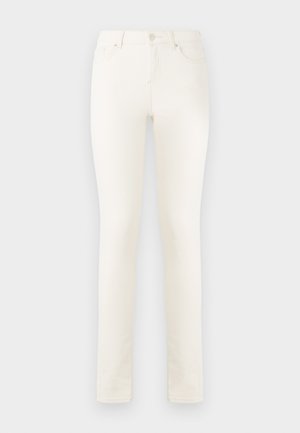 White denim jeans with a straight leg, high waist, front pockets, and a single button closure. Smooth texture, minimal stitching details.