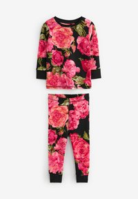 Zweiteiliges Pyjama-Set mit langärmligem Oberteil und Leggings. Blumenmuster in Pink und Grün auf schwarzem Hintergrund. Weichstoff, elastischer Bund.