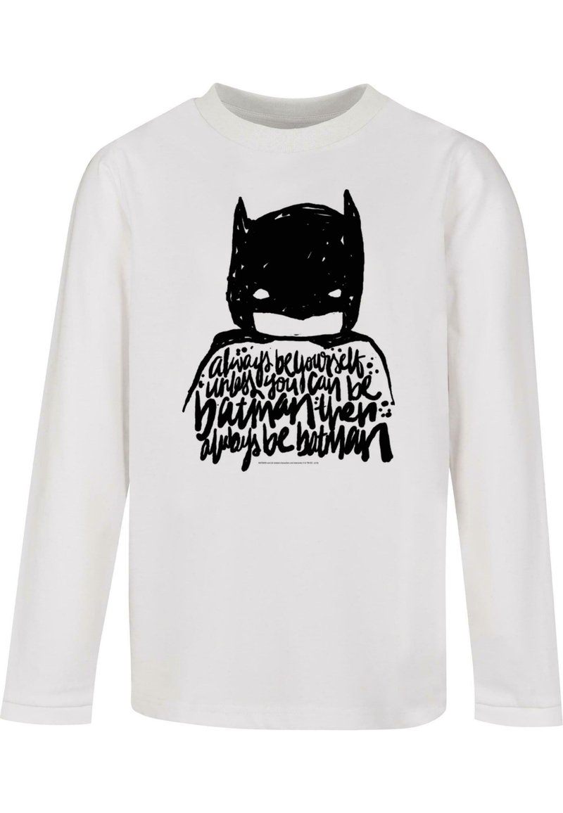 White long-sleeve t-shirt featuring a black Batman silhouette and text design that reads, "always be yourself... always be Batman."