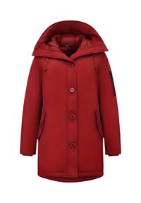 Rode gewatteerde winterjas met grote capuchon, vier knopen aan de voorkant, twee klepzakken en een met rits afgesloten zak op de linker mouw.