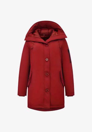 Rode gewatteerde winterjas met grote capuchon, vier knopen aan de voorkant, twee klepzakken en een met rits afgesloten zak op de linker mouw.