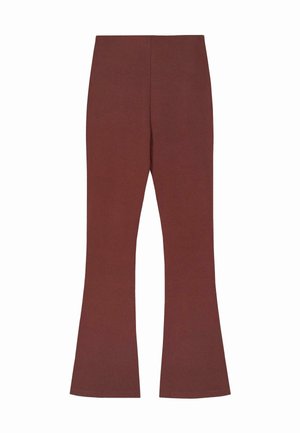 Brown flared pants made from soft, stretchy fabric. Features a clean waistband and a smooth texture, designed for comfort and flexibility.