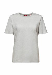 T-shirt à manches courtes pour femme, col rond, gris clair, avec une texture subtilement scintillante, design uni et coupe régulière.