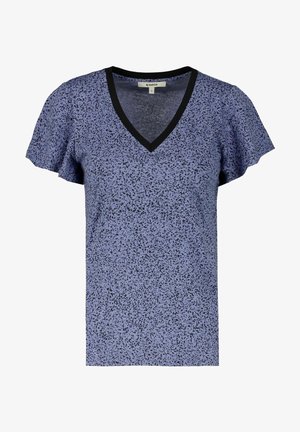 V-hals t-shirt i lyseblå med sort sprækkemønster. Har korte rynkede ærmer og en ensfarvet sort halskant.