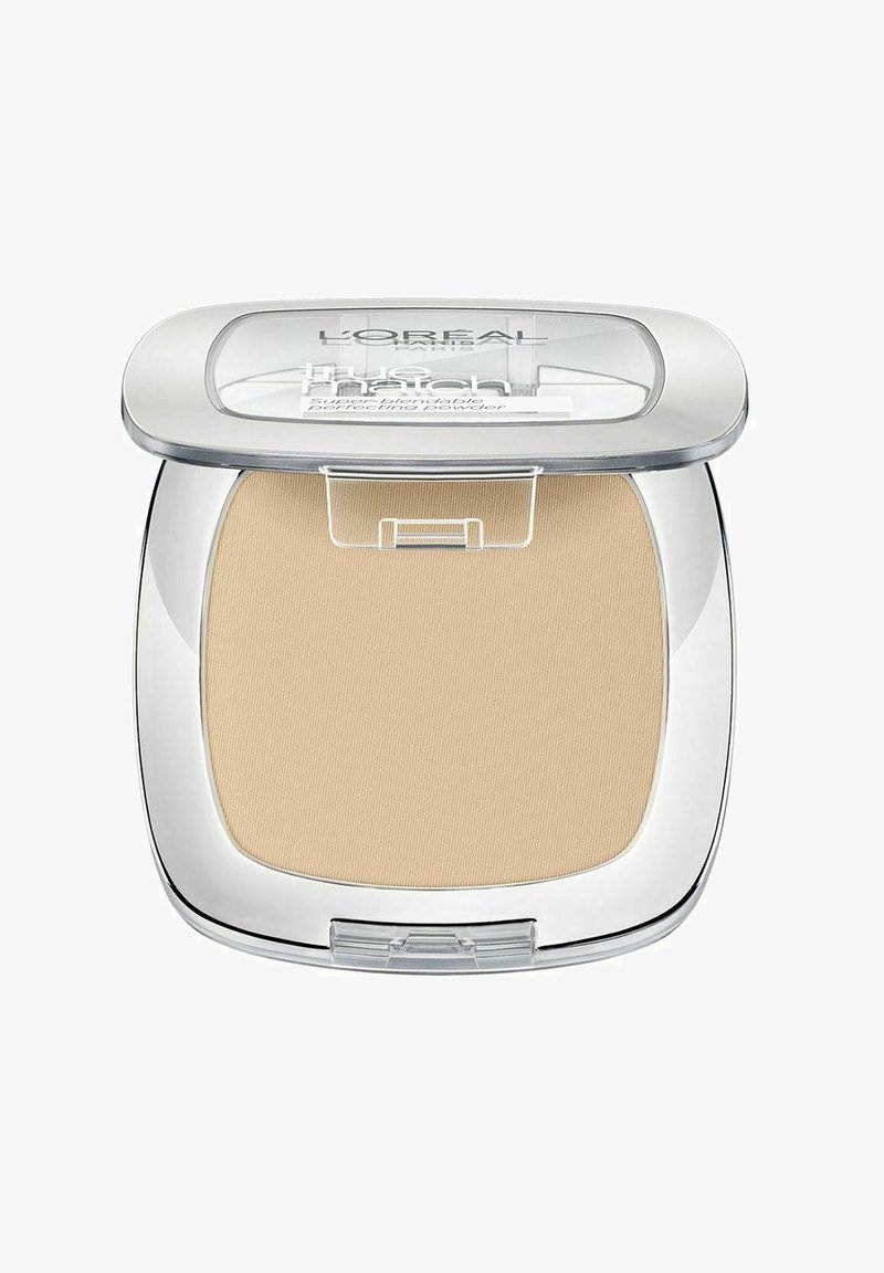 L'Oréal True Match pudderkompakt med en gennemsigtig låg. Har en glat, beige pudderoverflade. Indeholder afrundede, sølv-kantede emballager.