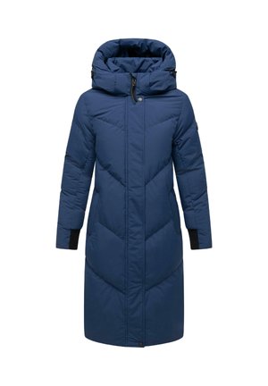 Tummansininen puffatakkia, jossa on huppu, vetoketjukiinnitys, viistosaumakuosi, elastiset mustat hihansuut ja sivutaskut.