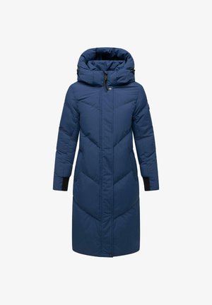 Tumedat sinine puffjakker kapuutsiga, millel on tõmblukk, diagonaalne õmblusmustrite disain, elastsed mustad mansetid ja küljetaskud.