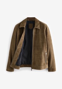 Brown suede jacket with open front zipper, black inner lining, collar, and zippered side pocket, displayed flat on a white background.