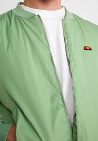 Giacca bomber verde chiaro con chiusura a zip, colletto a coste e un piccolo logo multicolore sul lato sinistro del petto. Texture liscia e opaca.