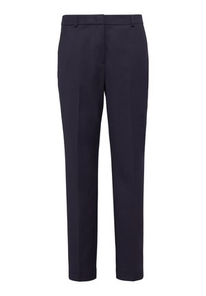 Granatowe spodnie o dopasowanym kroju z płaskim przodem, wykończonym dołem i plisowanym wzorem. Wykonane z gładkiego materiału z szlufkami na pasek i bocznymi kieszeniami.